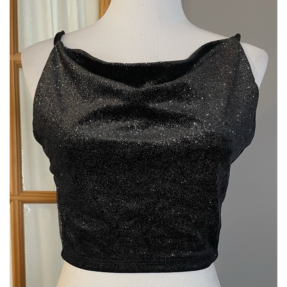 Y2K Womens Tank Top XS Metallic Black Cowl Neck Backless Tie Clubwear Whimsigoth